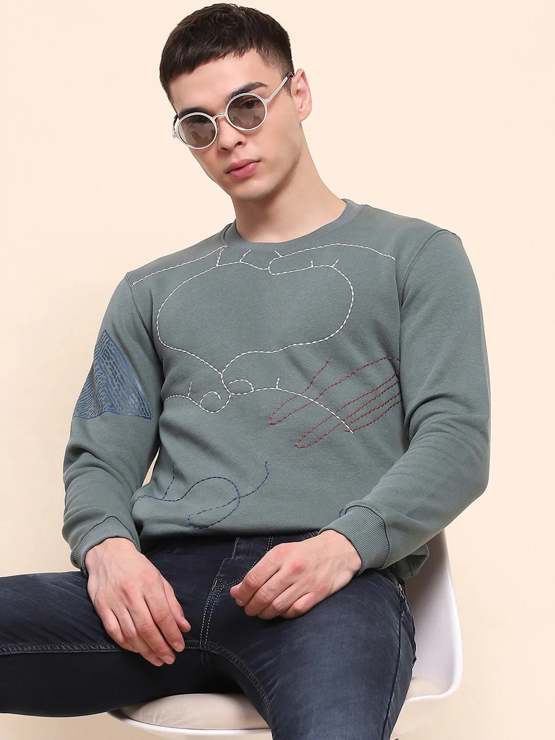 Camla Barcelona Cotton All Over Embroidered Dusty Green Sweatshirt