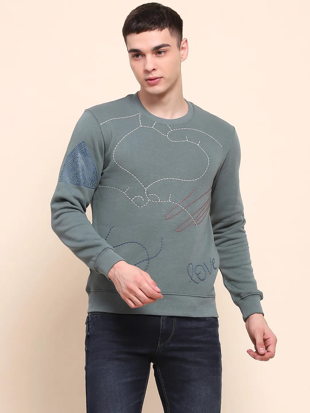 Camla Barcelona Cotton All Over Embroidered Dusty Green Sweatshirt