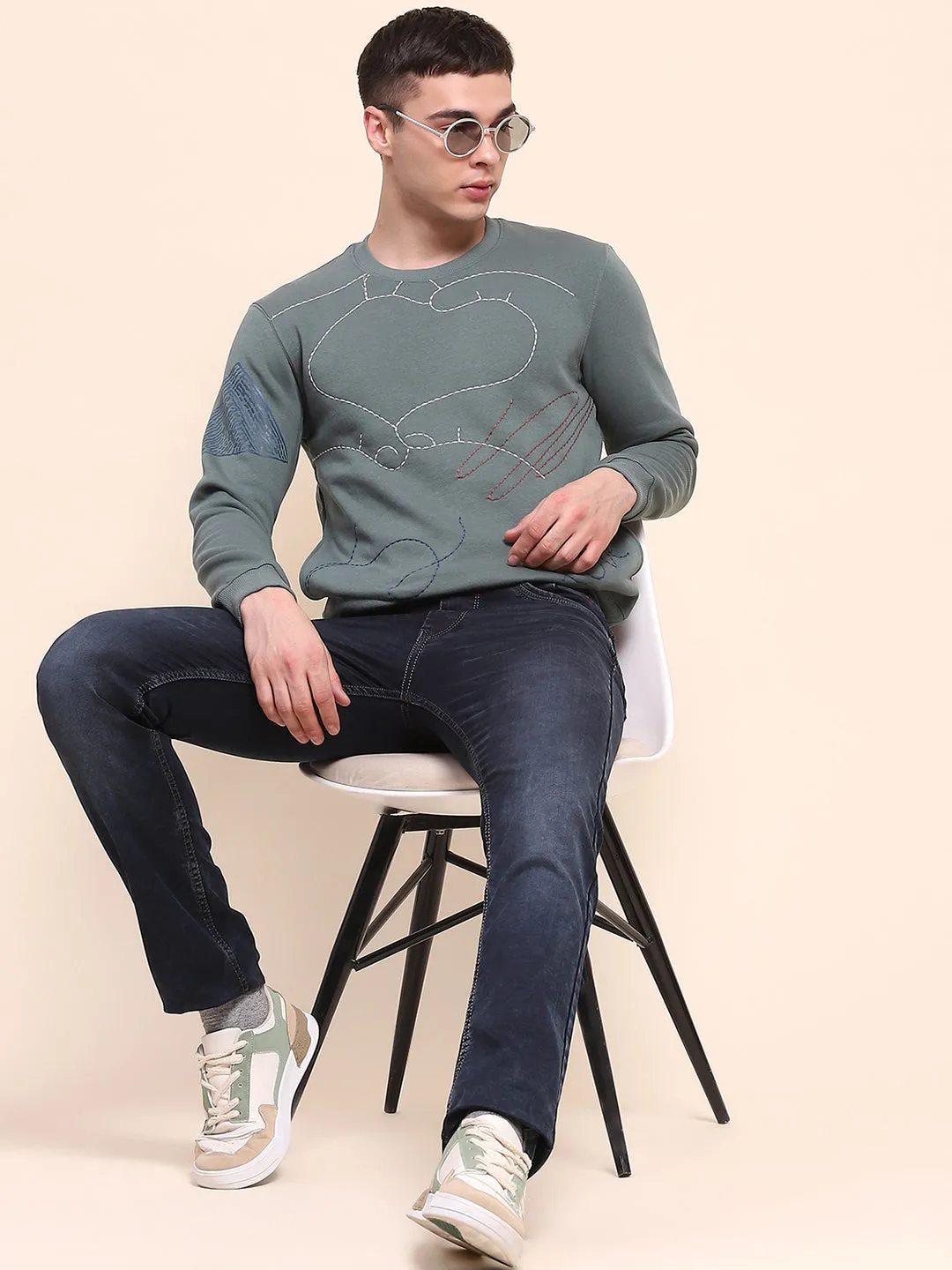 Camla Barcelona Cotton All Over Embroidered Dusty Green Sweatshirt