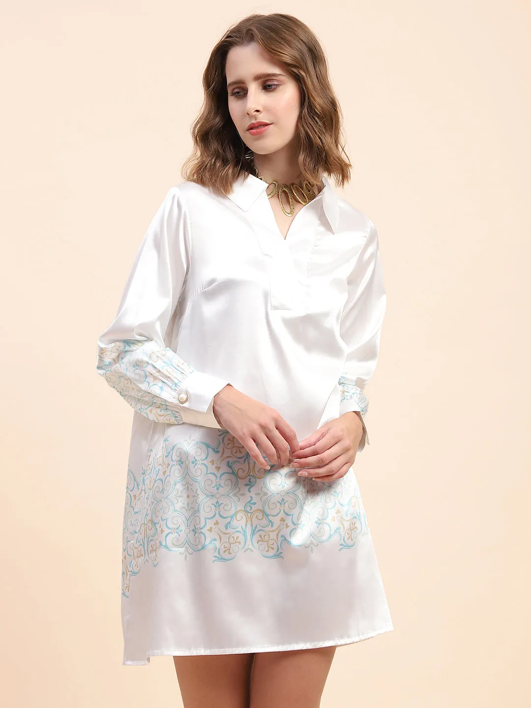 Camla Barcelona Printed Hem & Sleeve Off-White Dress