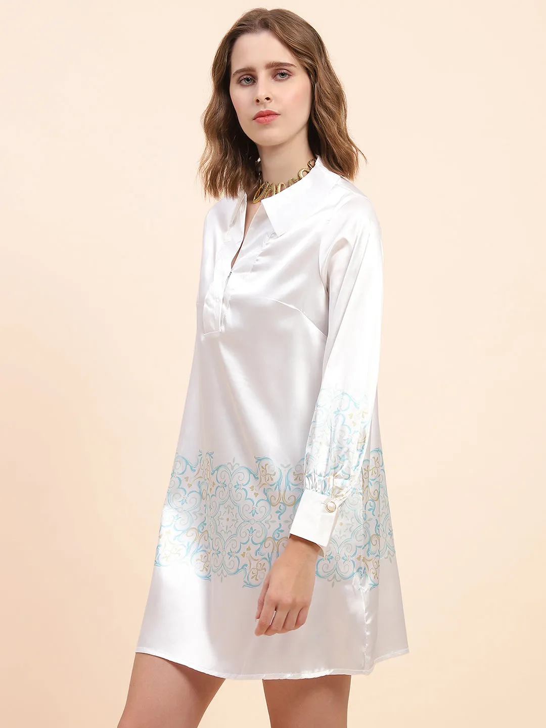 Camla Barcelona Printed Hem & Sleeve Off-White Dress