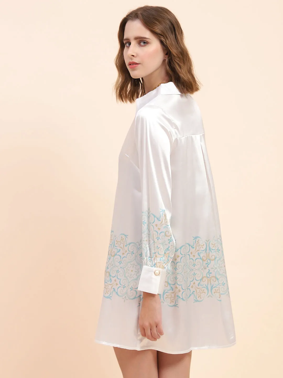 Camla Barcelona Printed Hem & Sleeve Off-White Dress