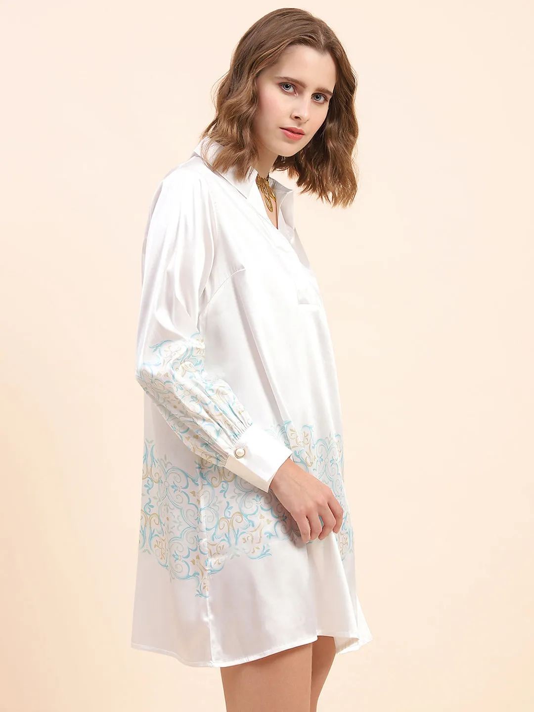 Camla Barcelona Printed Hem & Sleeve Off-White Dress