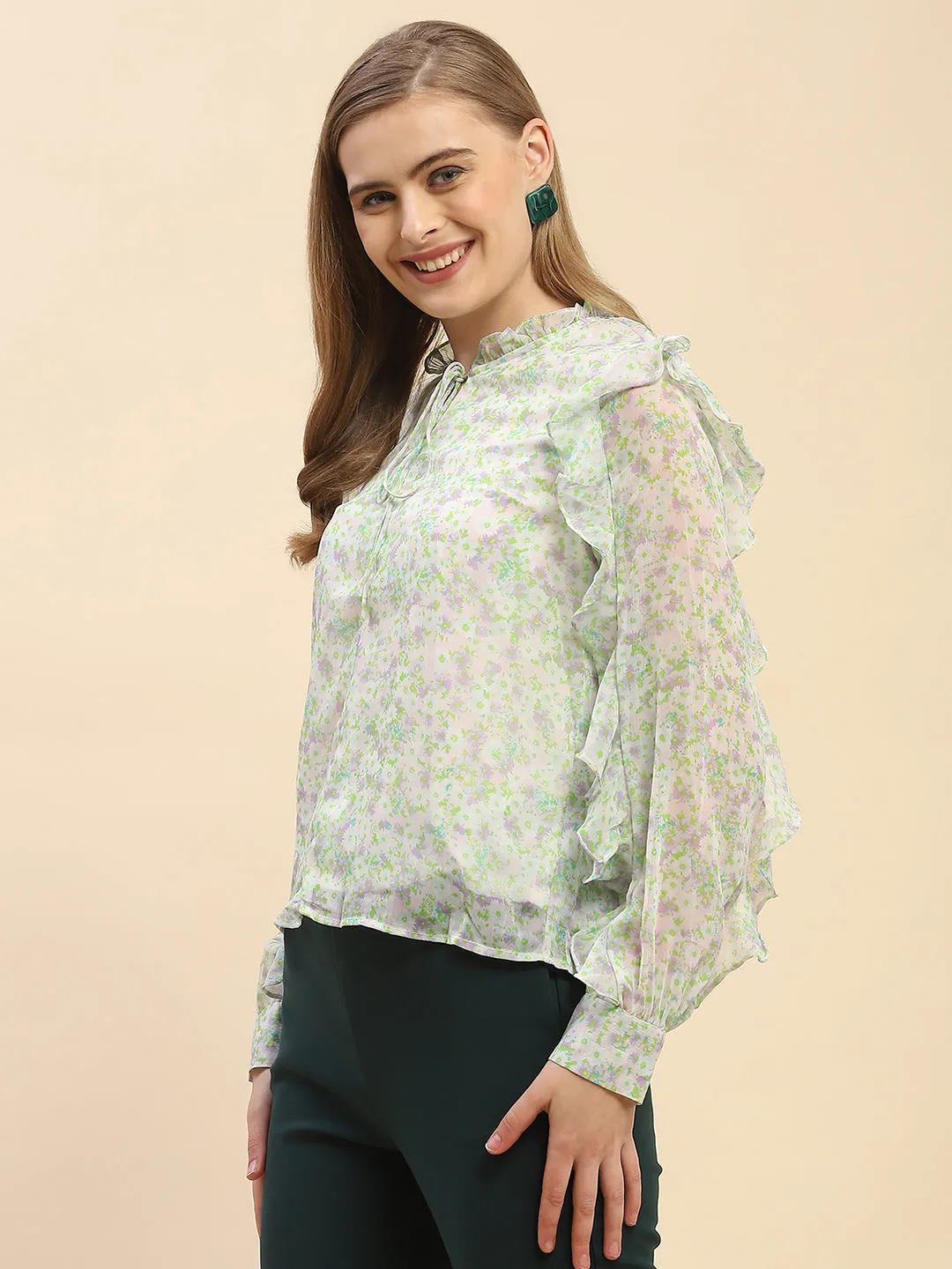 Camla Barcelona Ruffle Detailed White Floral Top