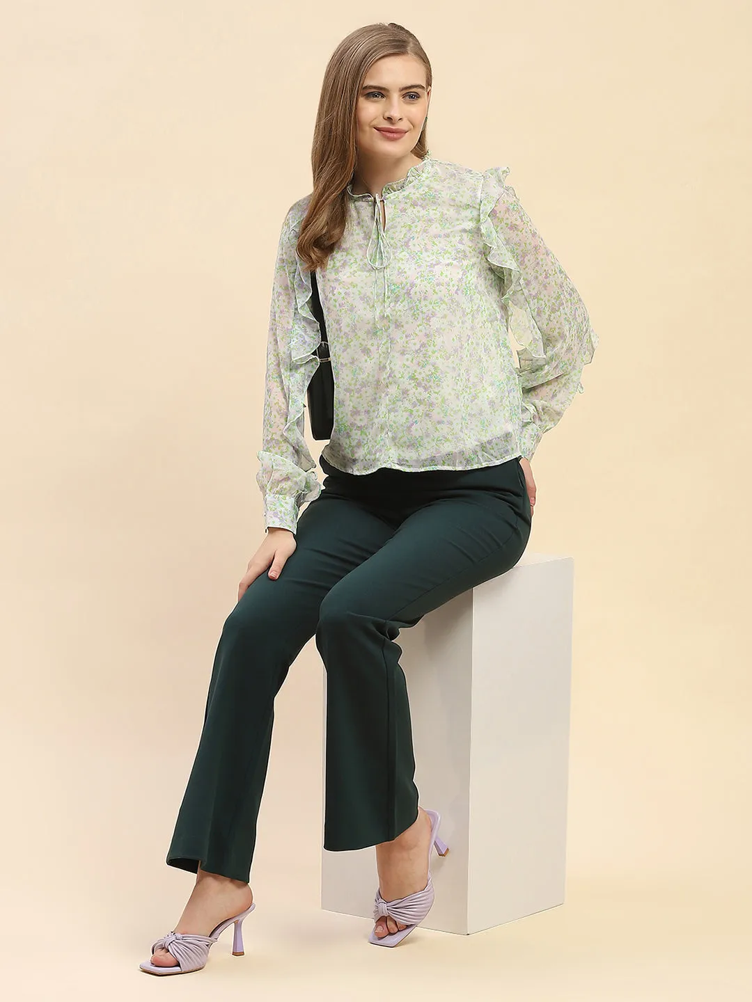 Camla Barcelona Ruffle Detailed White Floral Top