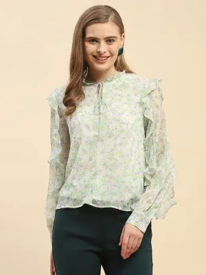Camla Barcelona Ruffle Detailed White Floral Top