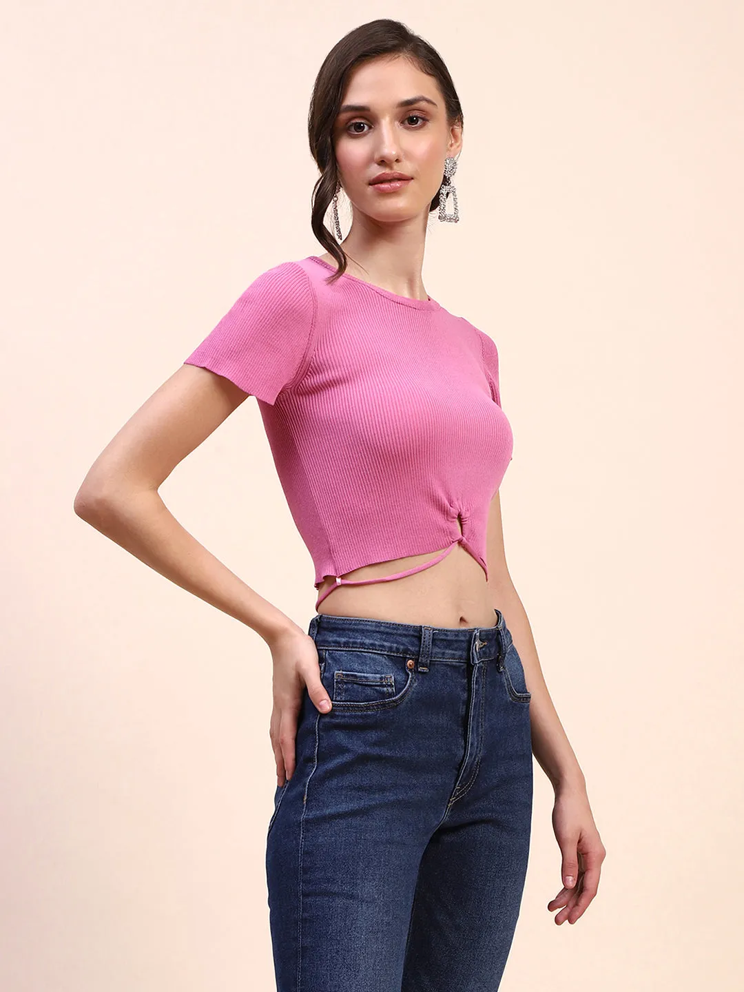 Camla Barcelona Tie Detail Rose Crew Neck T-shirt