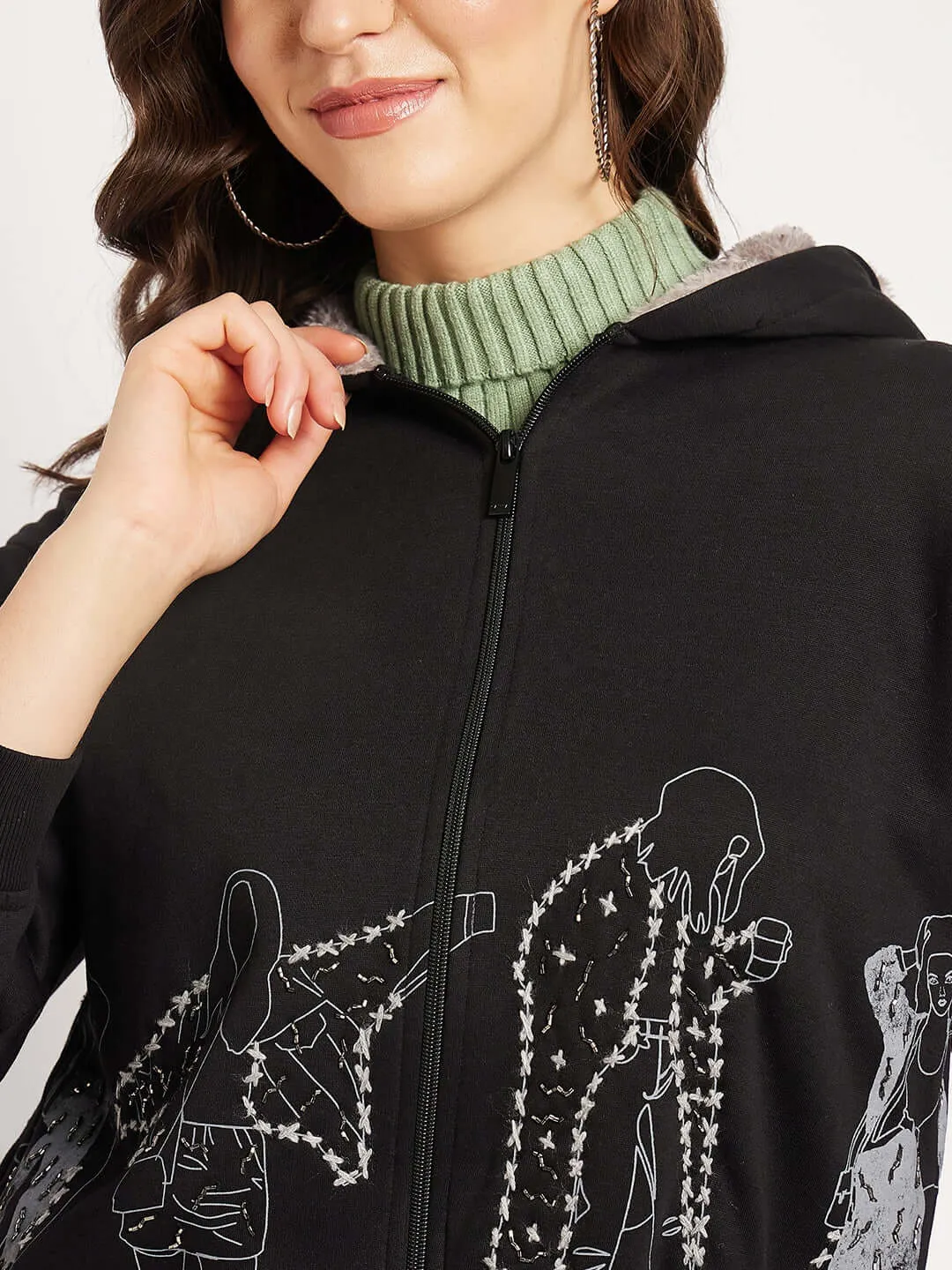 Camla Barcelona Women'S Graphic Print Black Hooded Sweatshirt
