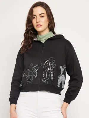 Camla Barcelona Women'S Graphic Print Black Hooded Sweatshirt
