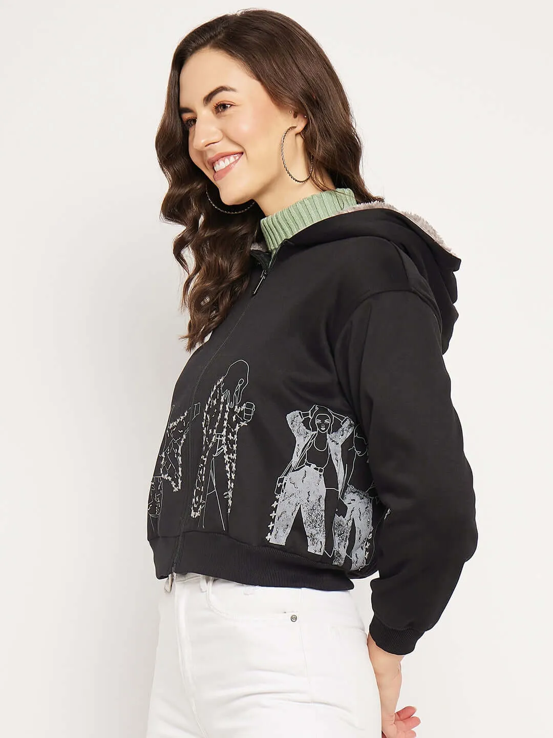 Camla Barcelona Women'S Graphic Print Black Hooded Sweatshirt