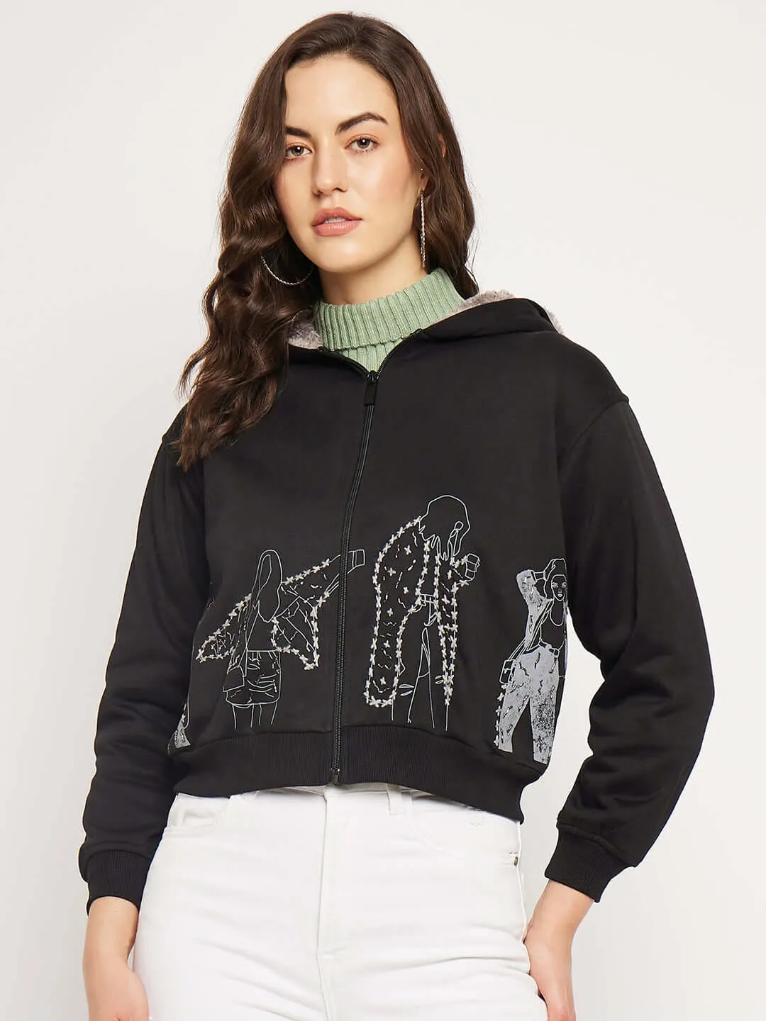 Camla Barcelona Women'S Graphic Print Black Hooded Sweatshirt