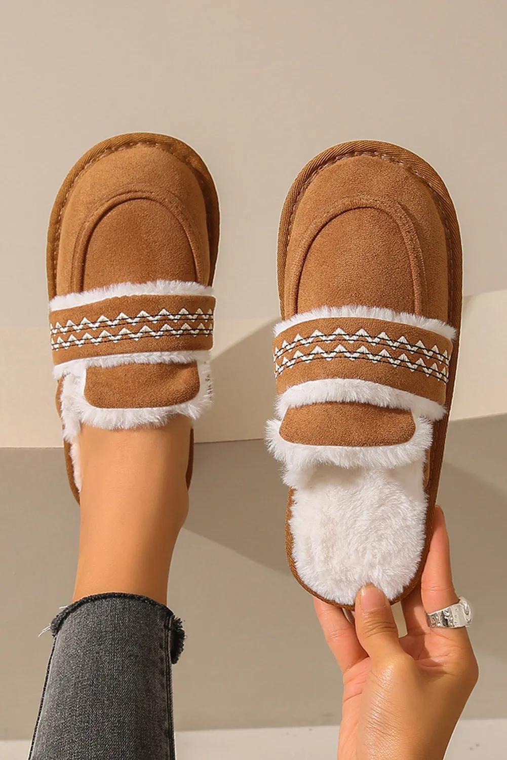 Chestnut Suede Wavy Striped Plush Lined Home Slippers