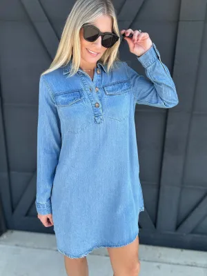 Collared Long Sleeve Mini Shirt Dress In Light Wash