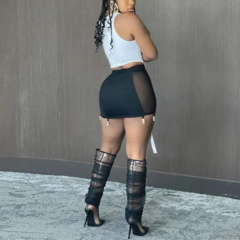 Colorblock Sleeveless Tank Top & Sheer Mesh Skirt Set