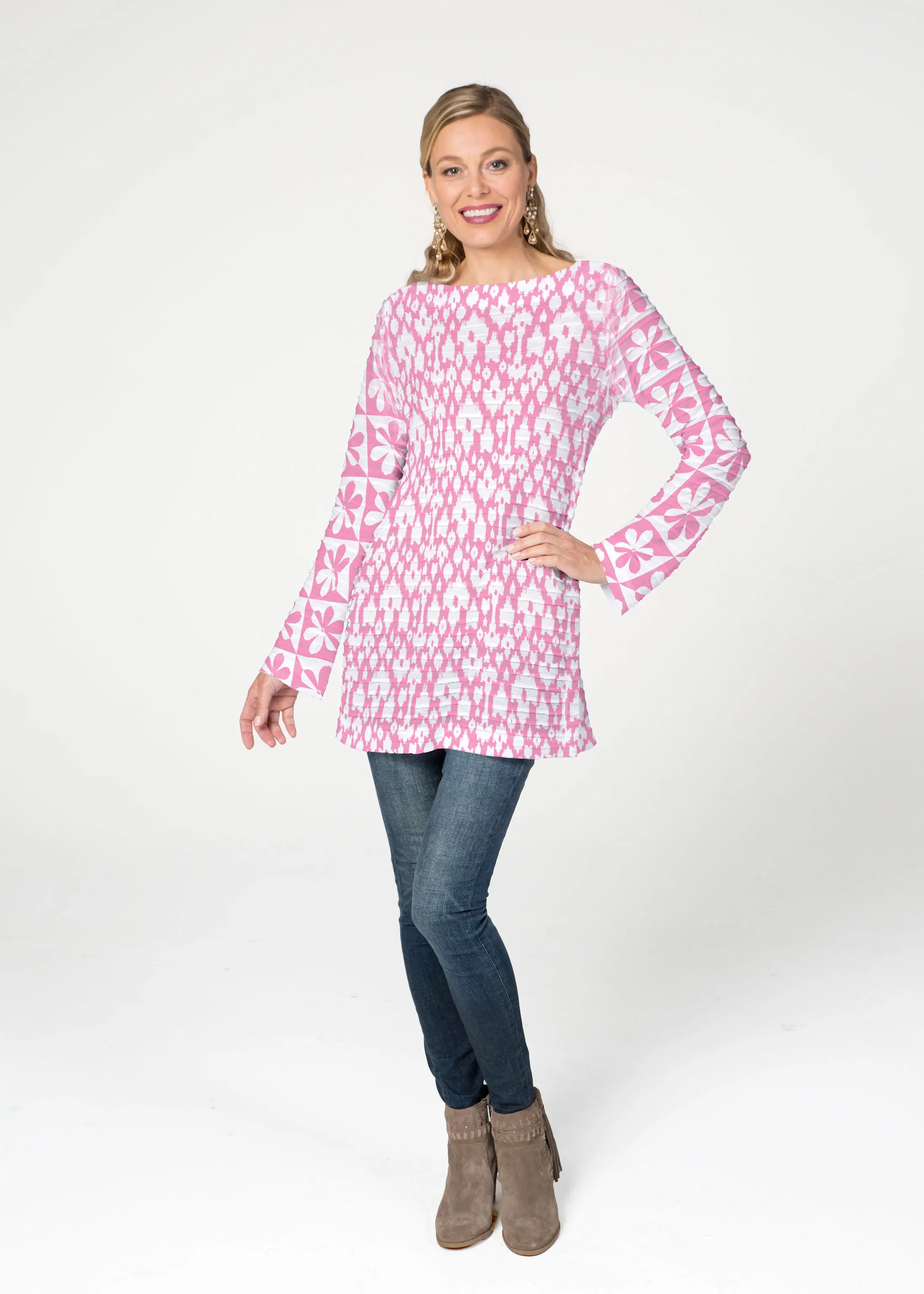 Cosmo Ikat (7933) ~ Banded Boatneck Tunic