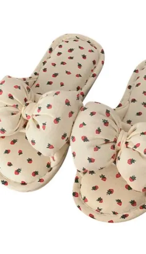 Cream Bow Indoor Slippers with Strawberry Pattern – Cozy House Shoes