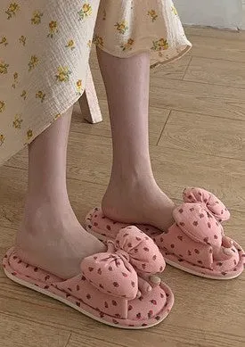 Cream Bow Indoor Slippers with Strawberry Pattern – Cozy House Shoes