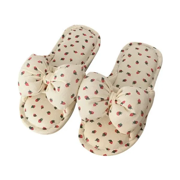 Cream Bow Indoor Slippers with Strawberry Pattern – Cozy House Shoes