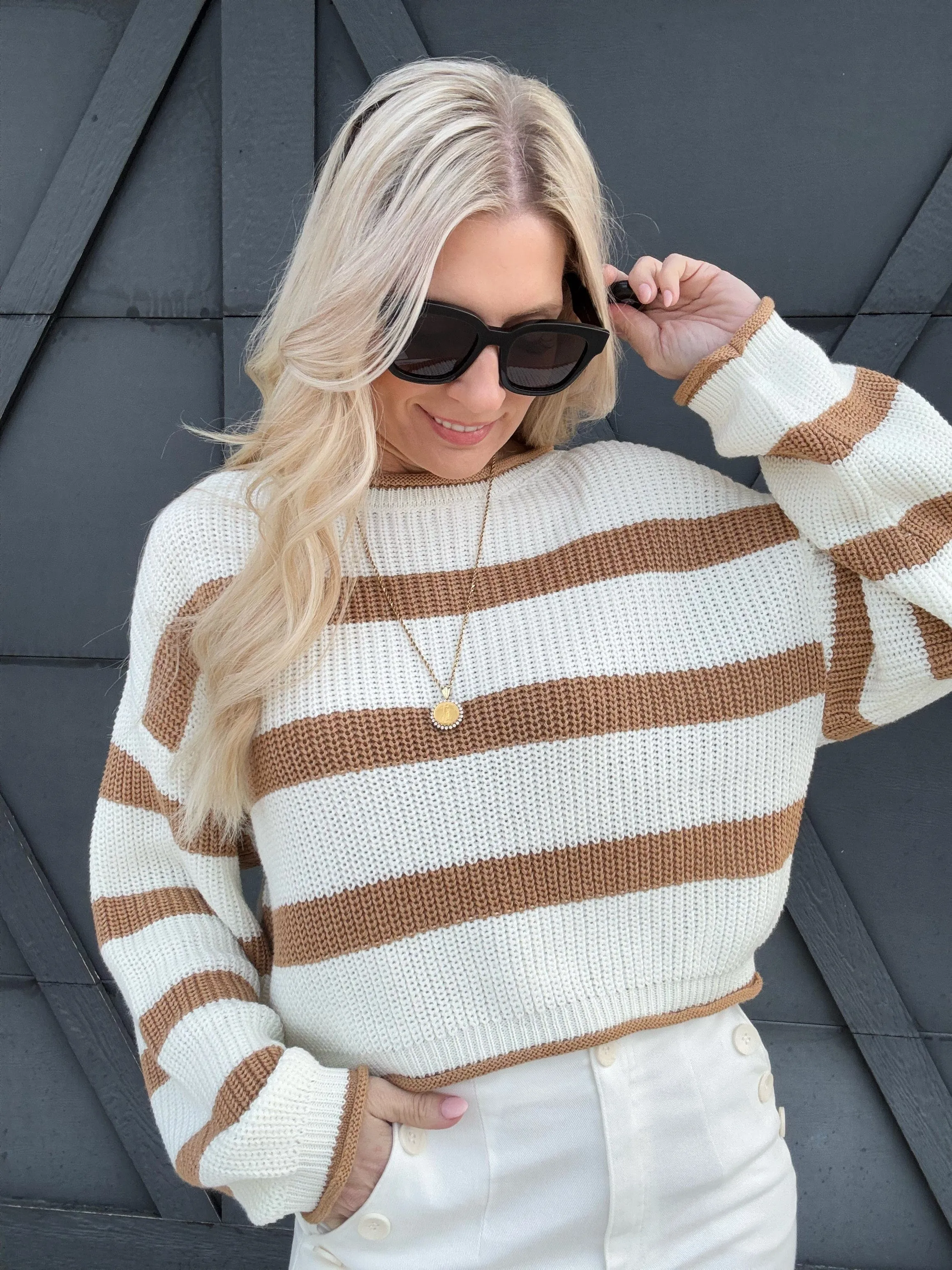 Cropped Stripe Sweater In Mocha