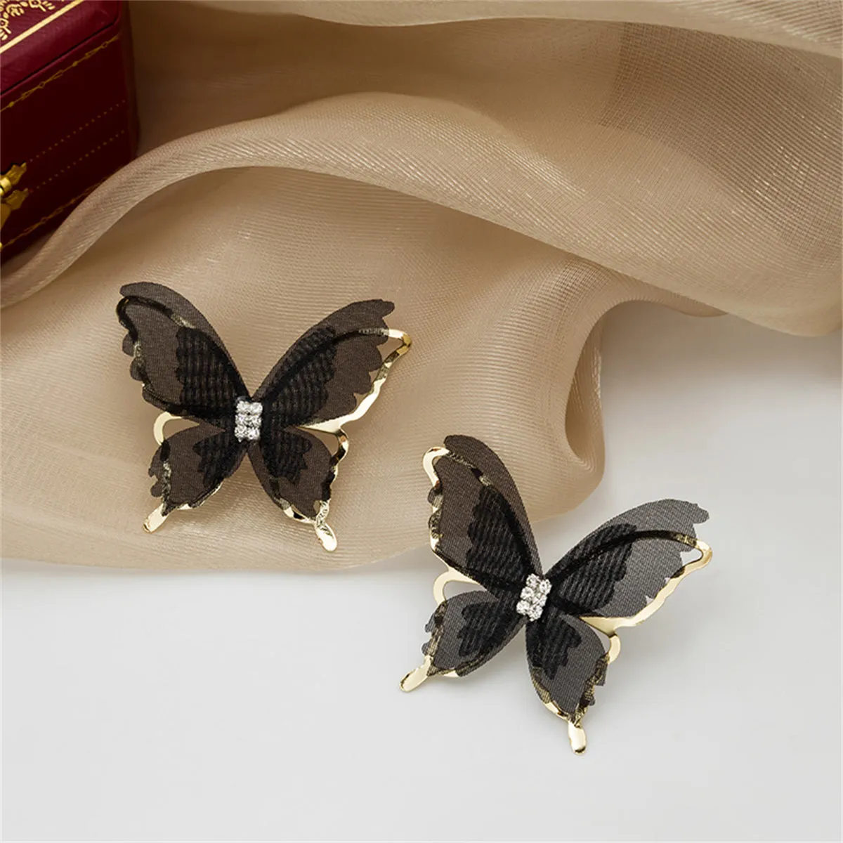 Cubic Zirconia & Black Mesh 18K Gold-Plated Butterfly Stud Earrings