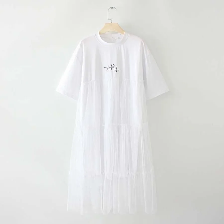 Cute Cat Print Mesh Ice Cream Dress J40010