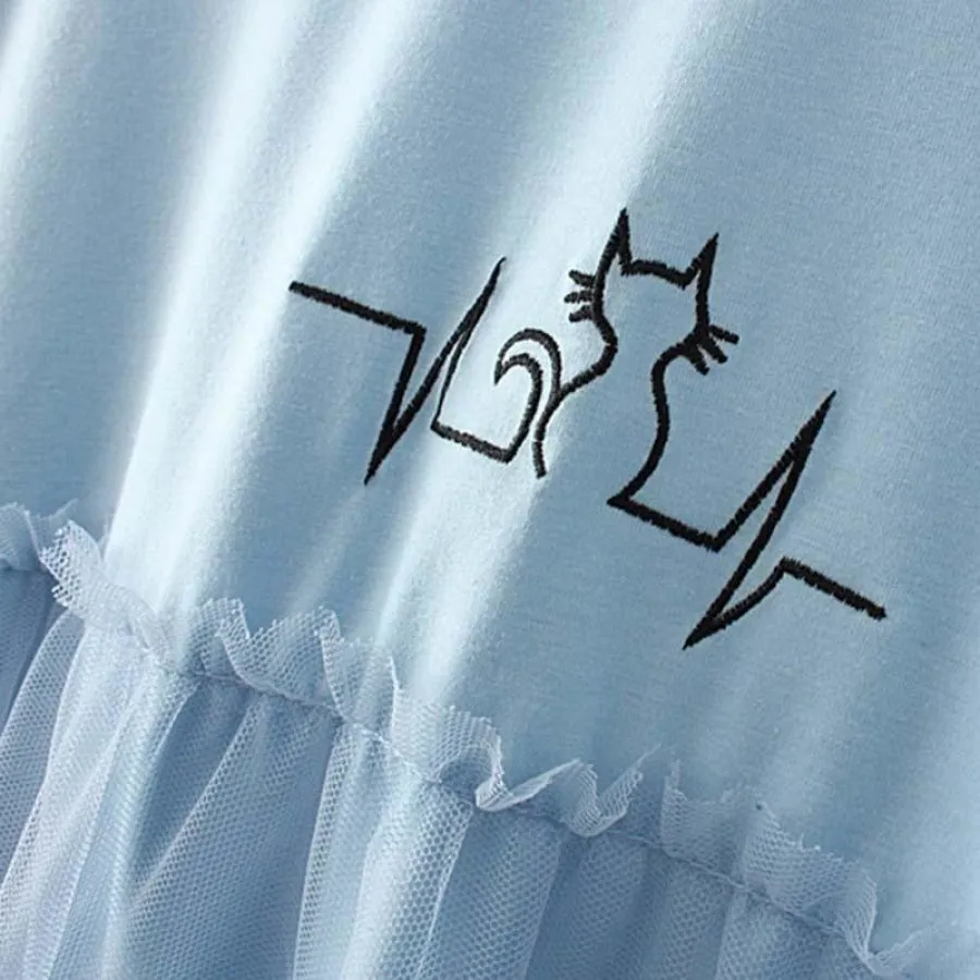 Cute Cat Print Mesh Ice Cream Dress J40010