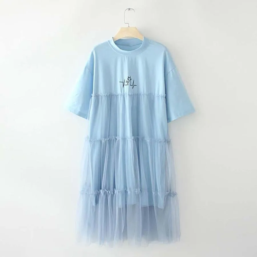 Cute Cat Print Mesh Ice Cream Dress J40010