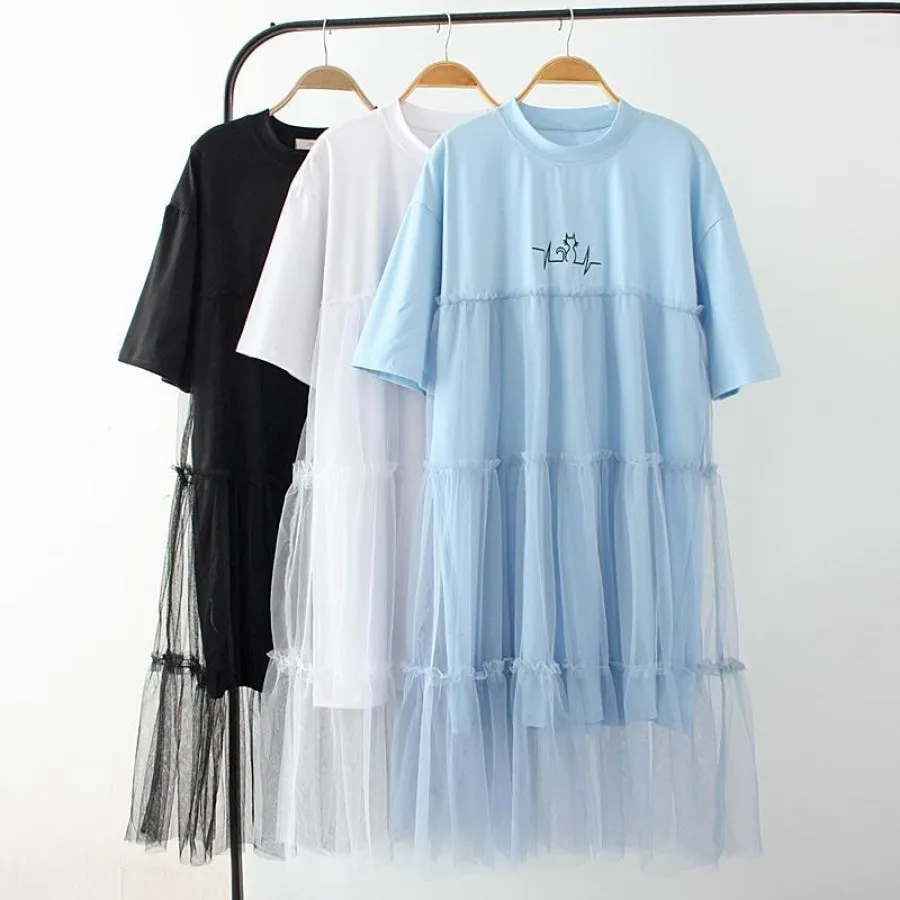 Cute Cat Print Mesh Ice Cream Dress J40010
