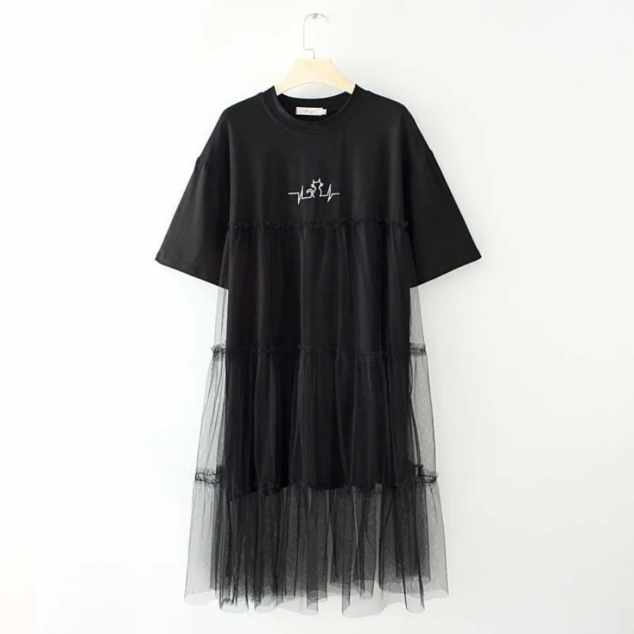 Cute Cat Print Mesh Ice Cream Dress J40010