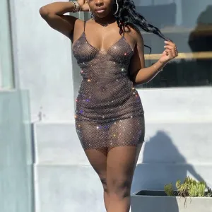 Deep V-Neck Sheer Mesh Bodycon Dress