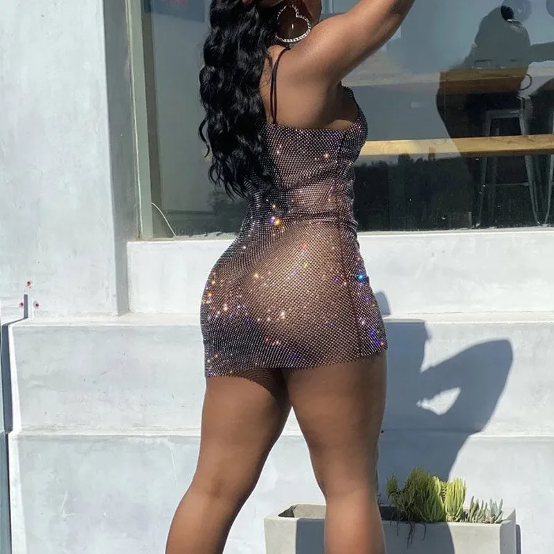 Deep V-Neck Sheer Mesh Bodycon Dress