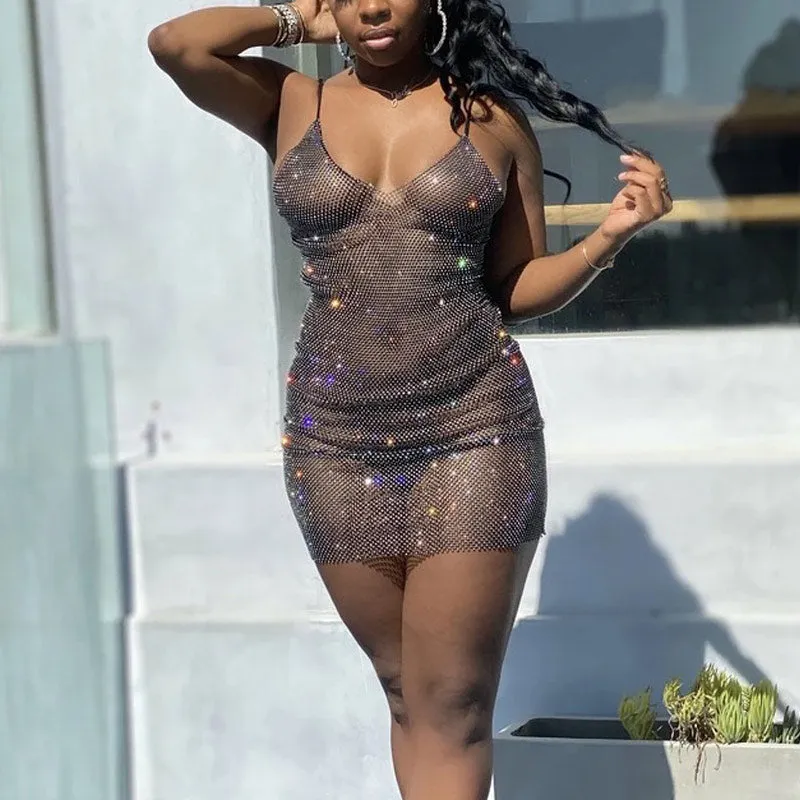 Deep V-Neck Sheer Mesh Bodycon Dress