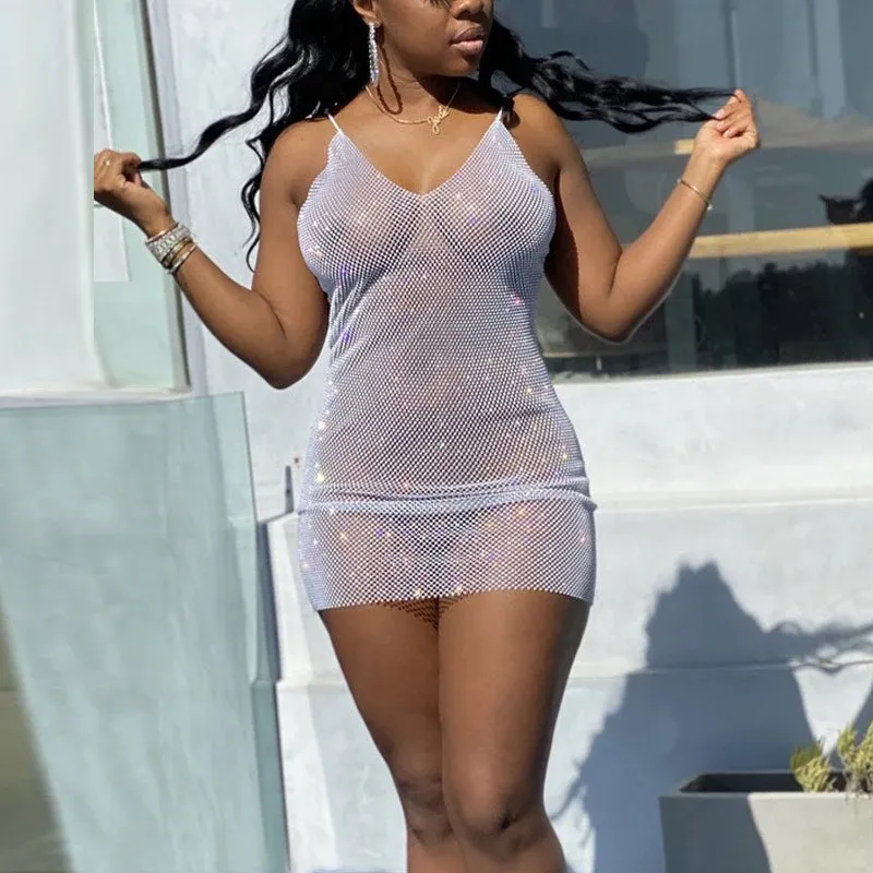 Deep V-Neck Sheer Mesh Bodycon Dress