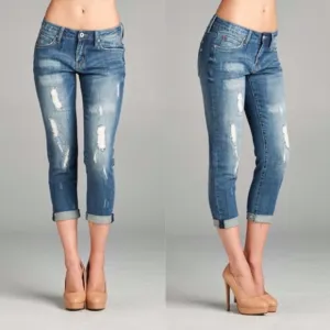 Distressed Cuff Hem Capri Denim Skinny Jeans