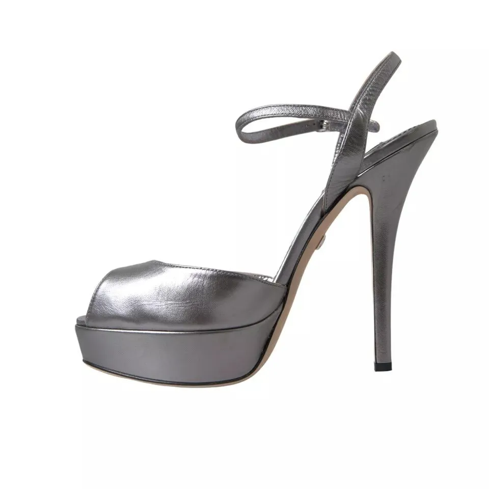 Dolce&Gabbana Women Silver Sandals 100% Leather Ankle Strap High Heel Shoe EU 41