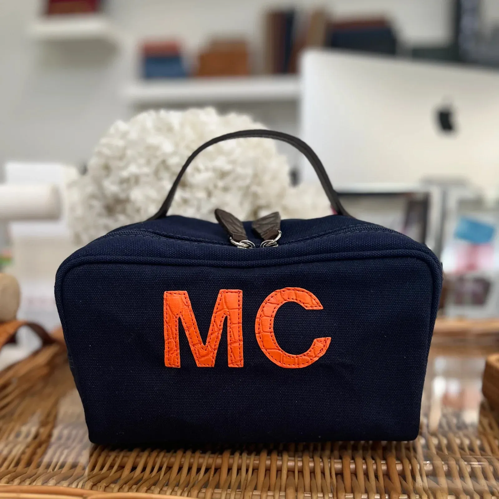 DOPP KIT - DENIM BLUE CANVAS w/ALMOND MATTE ALLIGATOR - IN STOCK NOW