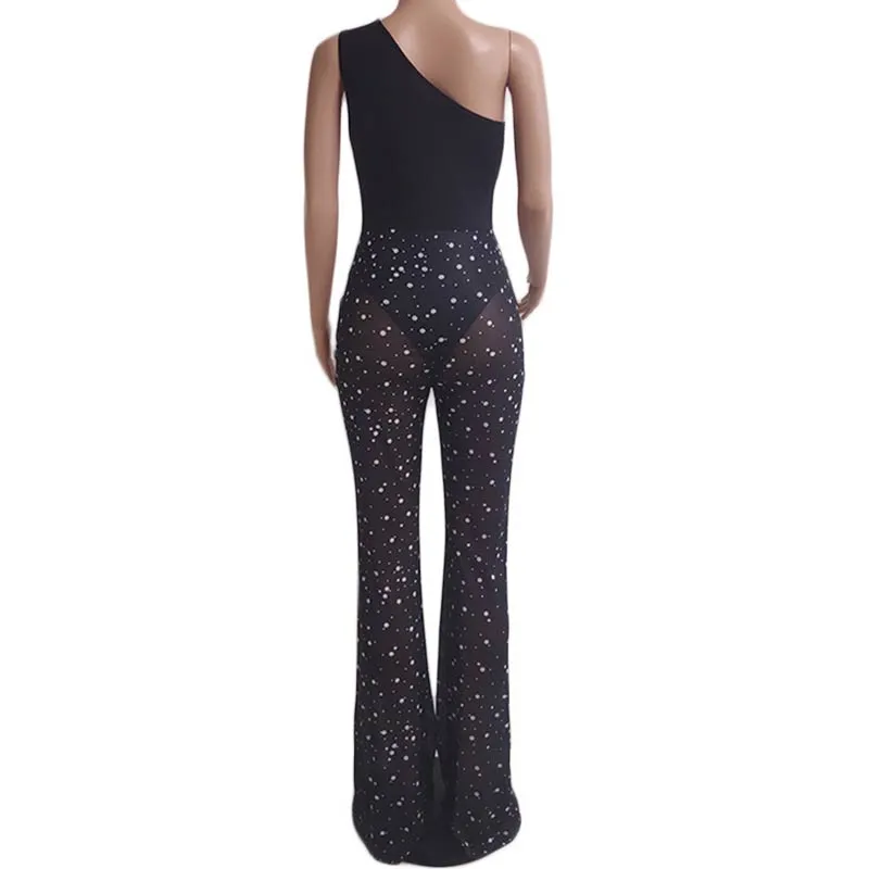 Dot Print One Shoulder Sleeveless Sheer Mesh Jumpsuit