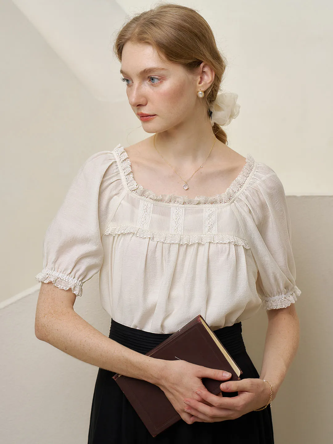 Elina Lace Panel Square Neck Puff Sleeve Blouse
