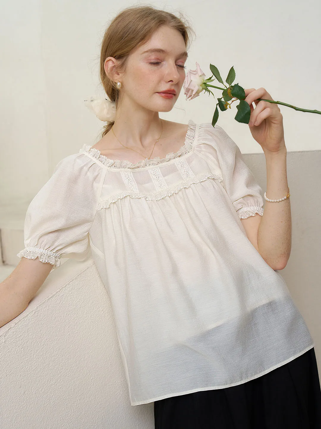 Elina Lace Panel Square Neck Puff Sleeve Blouse