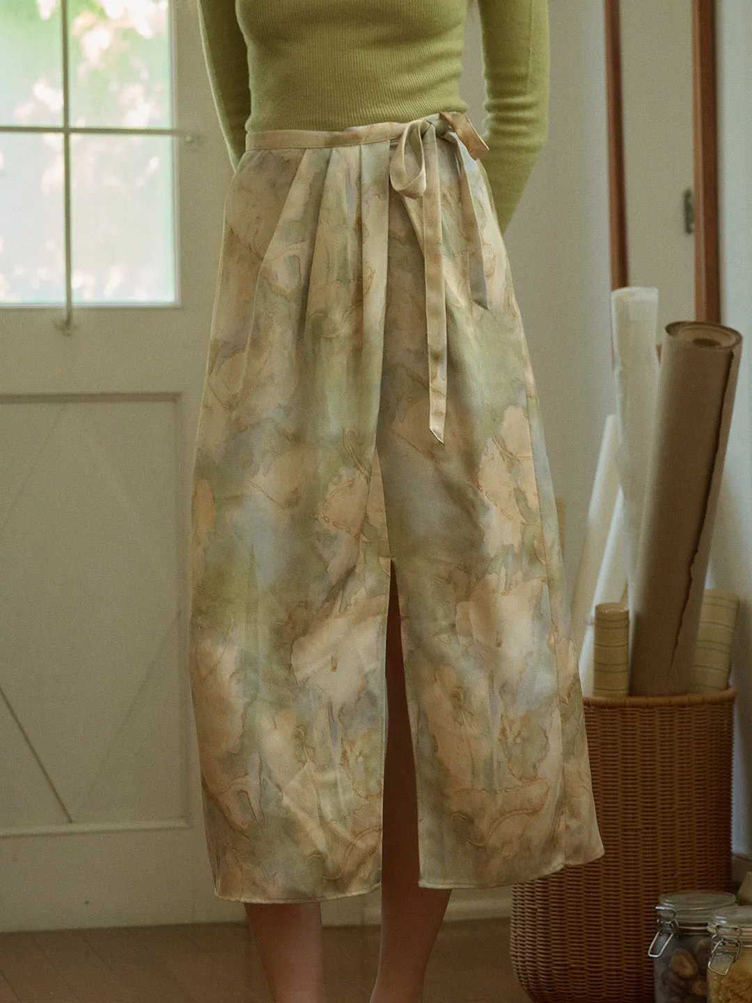 【Final Sale】Isabela Vintage Oil Painting Print Waist Tie Slit Satin Skirt