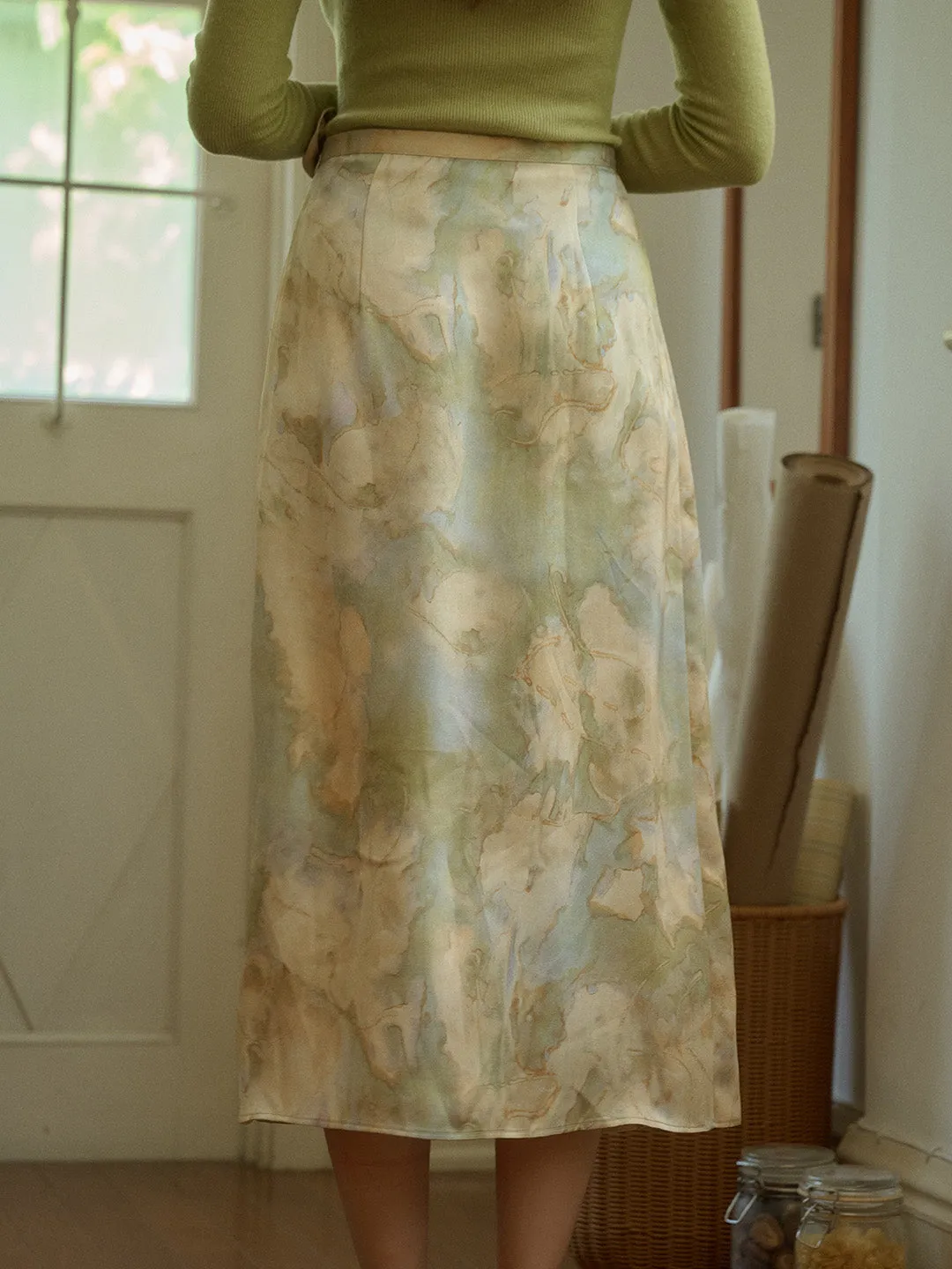 【Final Sale】Isabela Vintage Oil Painting Print Waist Tie Slit Satin Skirt