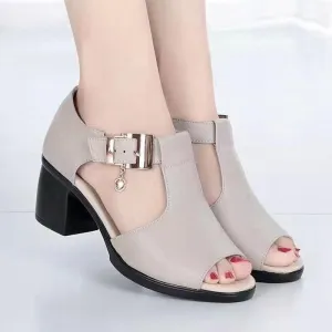 Fish Mouth Sandals Women's Buckle Velcro Outer Wear Thick Heels Middle-heeled Thick Shoes Middle-aged Mother Shoes
