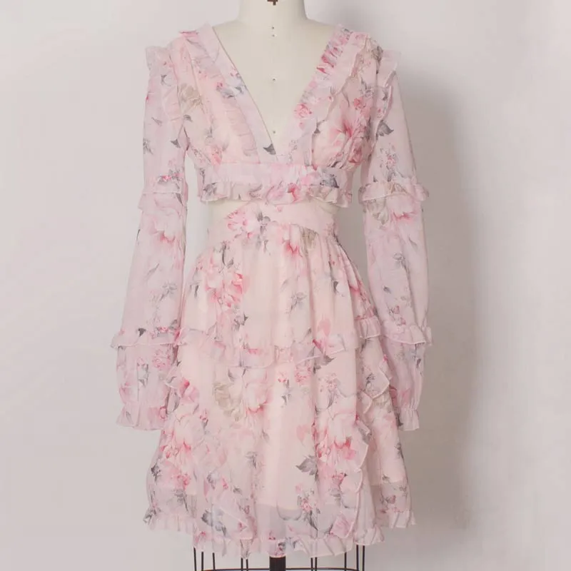 Floral Pattern Deep V-neck Sheer Mesh Cut Out Cottagecore Dress