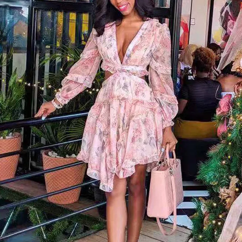 Floral Pattern Deep V-neck Sheer Mesh Cut Out Cottagecore Dress