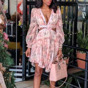Floral Pattern Deep V-neck Sheer Mesh Cut Out Cottagecore Dress