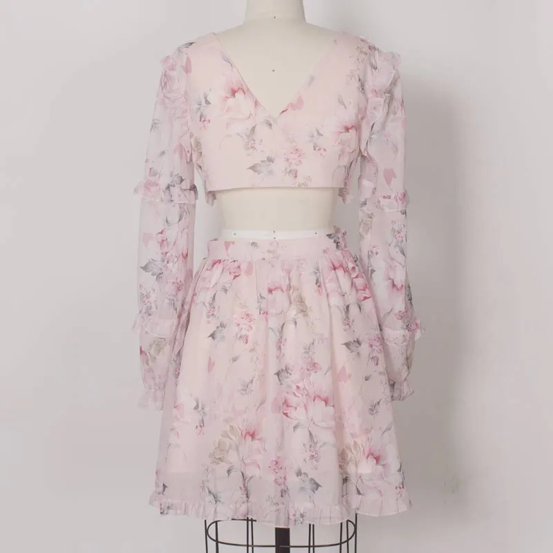 Floral Pattern Deep V-neck Sheer Mesh Cut Out Cottagecore Dress