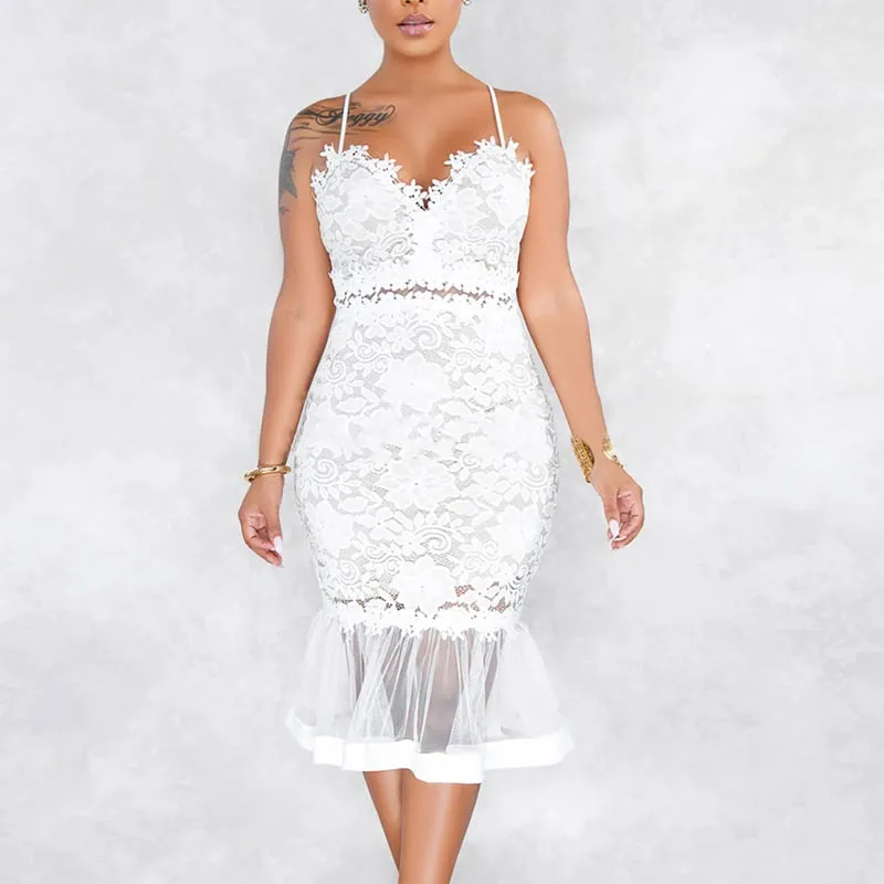 Floral Pattern Sleeveless Lace Sheer Mesh Fishtail Dress