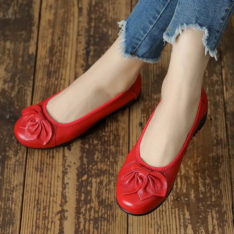 Genuine Leather Retro Flat Shoes, Comfortable Soft Sole Casual Women's Shoes