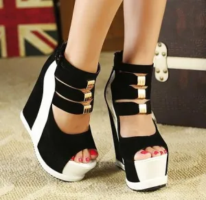 Genuine Women Platform Sandals Wedges High heel 14.5cm Peep Toe Mixed Colors Summer Sweet Woman Shoes Sexy Ladies Shoes
