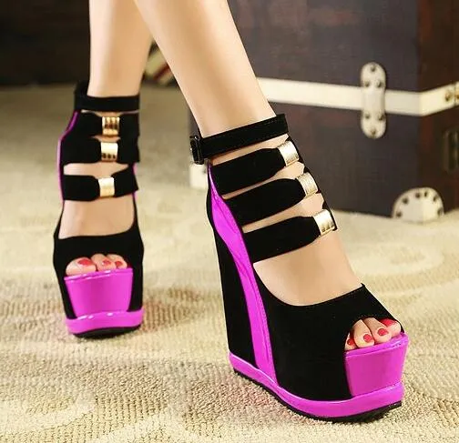 Genuine Women Platform Sandals Wedges High heel 14.5cm Peep Toe Mixed Colors Summer Sweet Woman Shoes Sexy Ladies Shoes